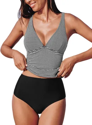 CUPSHE Women's Tankini Sets Plunging Deep V Neck Two Piece Swimsuit Adjustable Straps Stripes Texture