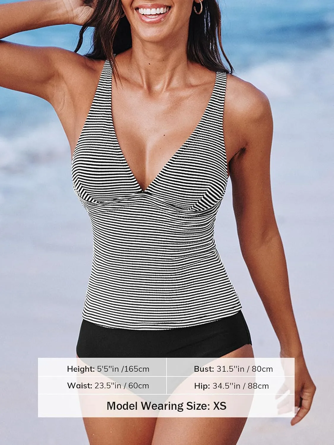 CUPSHE Women's Tankini Sets Plunging Deep V Neck Two Piece Swimsuit Adjustable Straps Stripes Texture