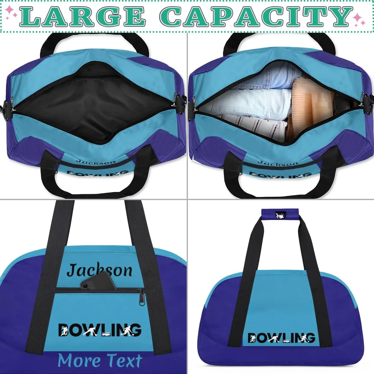 Custom Kids Gym Bag for Boys Personalized Name Sports Duffel Bag Weekender Overnight Travel Bags Dark Blue Bowling Gifts