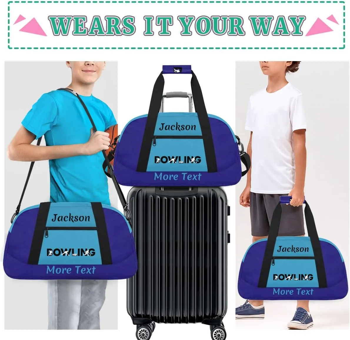 Custom Kids Gym Bag for Boys Personalized Name Sports Duffel Bag Weekender Overnight Travel Bags Dark Blue Bowling Gifts