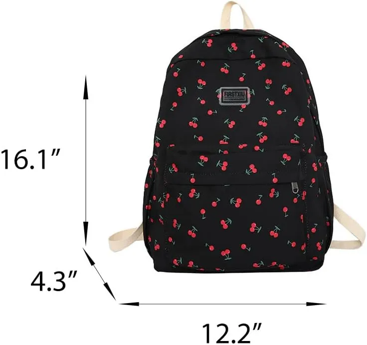 Cute Backpack Cherry Print Coquette Aesthetic Backpack Large Preppy Bag for Women Casual Travel Daypacks (Black)