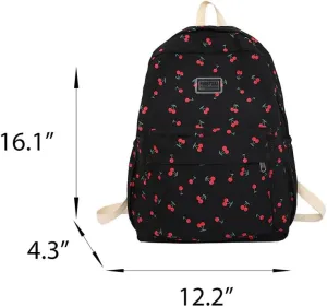 Cute Backpack Cherry Print Coquette Aesthetic Backpack Large Preppy Bag for Women Casual Travel Daypacks (Black)