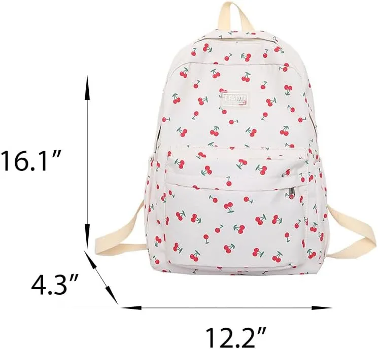 Cute Backpack Cherry Print Coquette Aesthetic Backpack Large Preppy Bag for Women Casual Travel Daypacks (White)