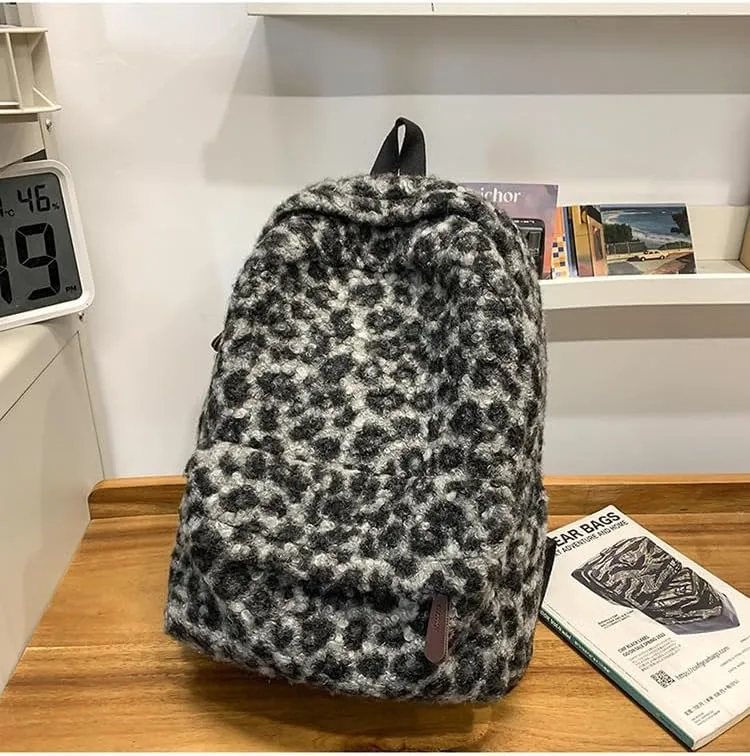 Cute Backpack Fuzzy Cheetah Shoulder Bag, Y2k Purse Fleece Chic Bookbag Trendy Aesthetic Coquette Daypack 90s Purse (Black)