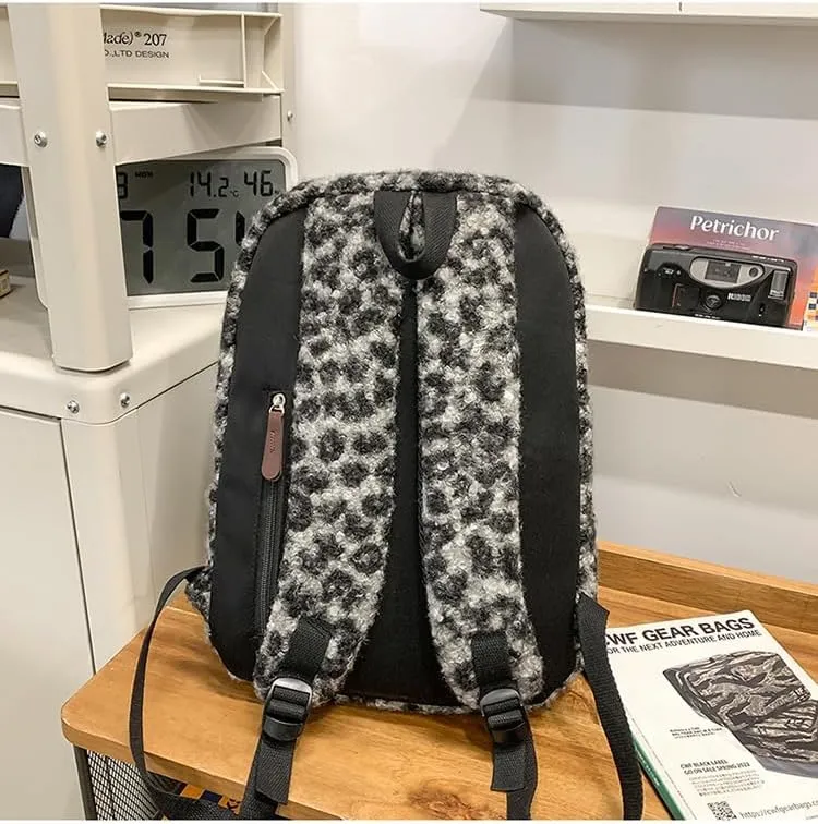 Cute Backpack Fuzzy Cheetah Shoulder Bag, Y2k Purse Fleece Chic Bookbag Trendy Aesthetic Coquette Daypack 90s Purse (Black)