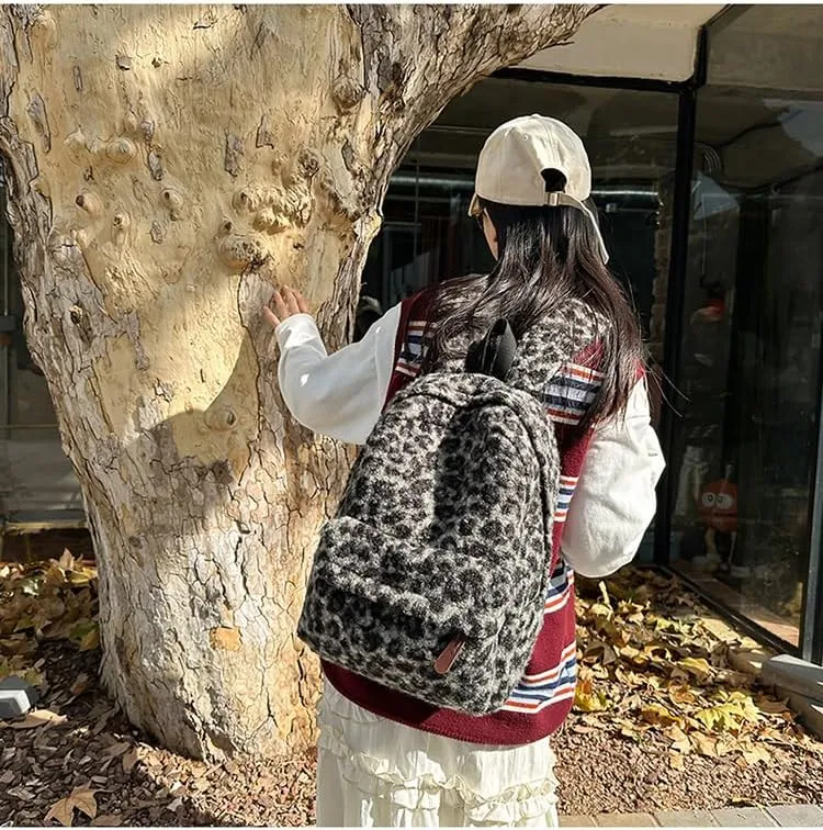 Cute Backpack Fuzzy Cheetah Shoulder Bag, Y2k Purse Fleece Chic Bookbag Trendy Aesthetic Coquette Daypack 90s Purse (Black)