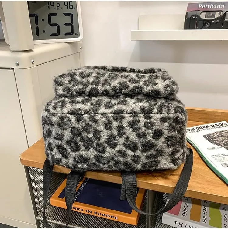 Cute Backpack Fuzzy Cheetah Shoulder Bag, Y2k Purse Fleece Chic Bookbag Trendy Aesthetic Coquette Daypack 90s Purse (Black)