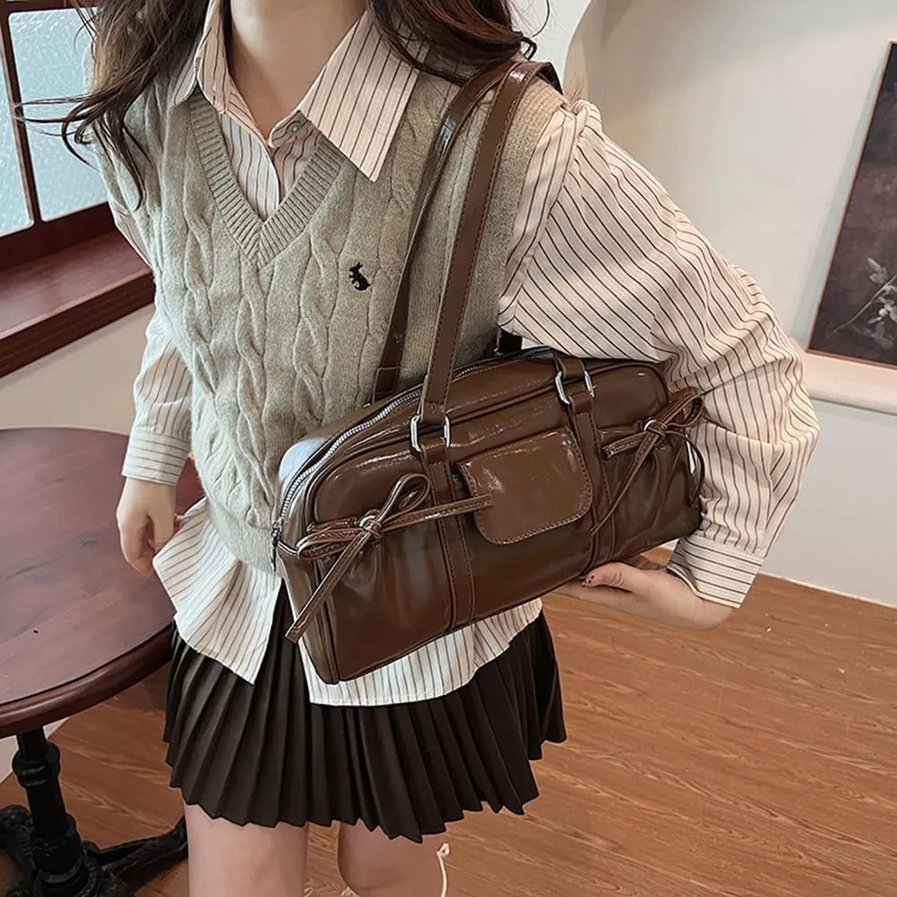 Cute Bow Ita Bag Aesthetic Japanese Shoulder Purse Faux Leather Tote Y2K Red Handbag - White
