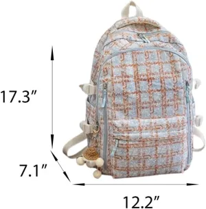 Cute Corduroy Backpack Strawberry Plaid Preppy Aesthetic Bag Casual Lightweight Laptop Bag Back to College Supplies (Plaid Blue)