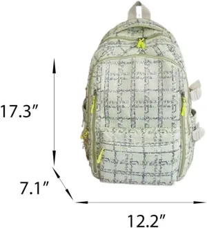 Cute Corduroy Backpack Strawberry Plaid Preppy Aesthetic Bag Casual Lightweight Laptop Bag Back to College Supplies (Plaid Green)