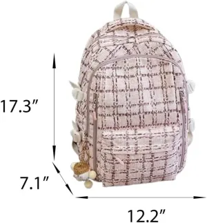 Cute Corduroy Backpack Strawberry Plaid Preppy Aesthetic Bag Casual Lightweight Laptop Bag Back to College Supplies (Plaid Pink)