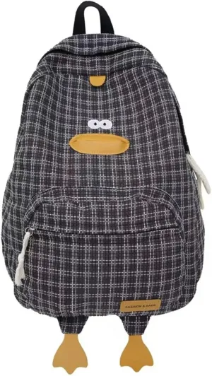 Cute Duck Backpack Funny Animal Cartoon Plaid Backpack Kawaii Aesthetic Preppy Laptop Backpack (Black)