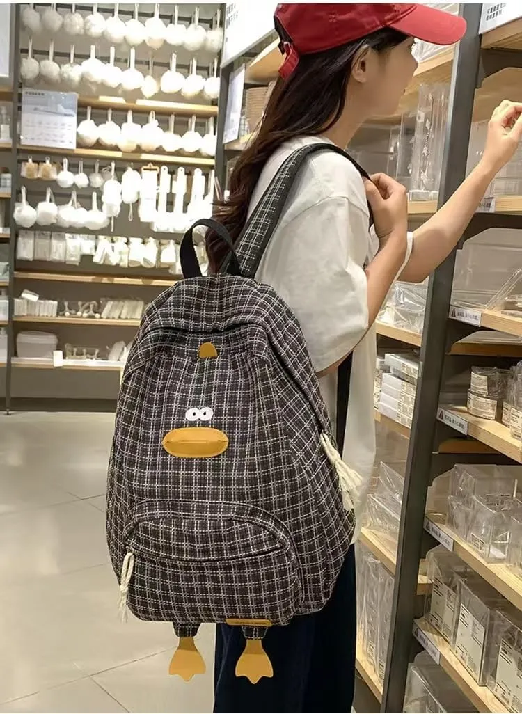 Cute Duck Backpack Funny Animal Cartoon Plaid Backpack Kawaii Aesthetic Preppy Laptop Backpack (Black)