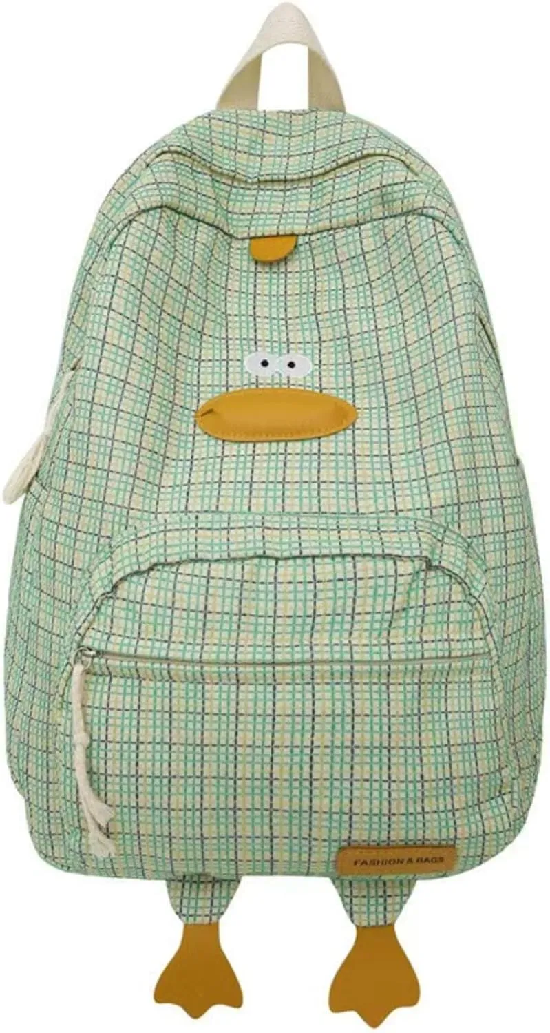 Cute Duck Backpack Funny Animal Cartoon Plaid Backpack Kawaii Aesthetic Preppy Laptop Backpack (Mint)