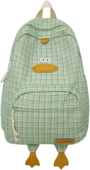 Cute Duck Backpack Funny Animal Cartoon Plaid Backpack Kawaii Aesthetic Preppy Laptop Backpack (Mint)