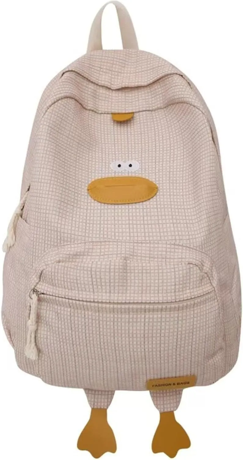 Cute Duck Backpack Funny Animal Cartoon Plaid Backpack Kawaii Aesthetic Preppy Laptop Backpack (Pink)