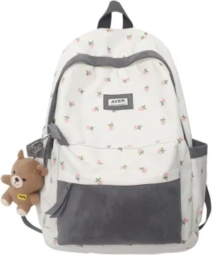 Cute Preppy Backpack with Pendant Floral Printed Patchwork Backpack Cottagecore Aesthetic Bag Kawaii Laptop Backpack (One Size,Grey)