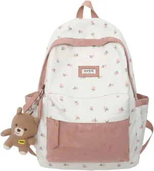 Cute Preppy Backpack with Pendant Floral Printed Patchwork Backpack Cottagecore Aesthetic Bag Kawaii Laptop Backpack (One Size,Pastel Pink)