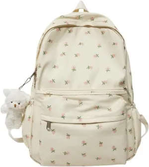Cute Preppy Backpack with Pendant Floral Printed Patchwork Backpack Cottagecore Aesthetic Bag Kawaii Laptop Backpack (One Size,White)