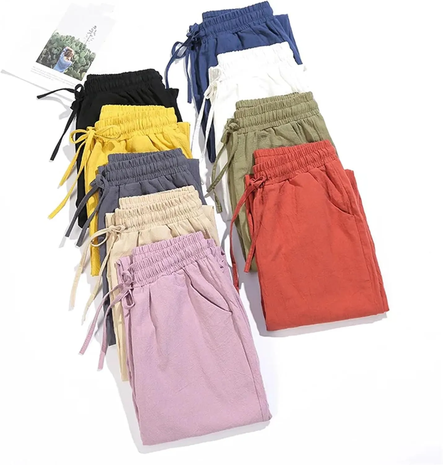 Dcvmvmn Women's Elastic Waist Harem Pants Casual Ankle Length Straight Pencil Trousers Thin Cotton Linen Sweatpants