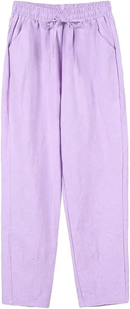 Dcvmvmn Women's Elastic Waist Harem Pants Casual Ankle Length Straight Pencil Trousers Thin Cotton Linen Sweatpants