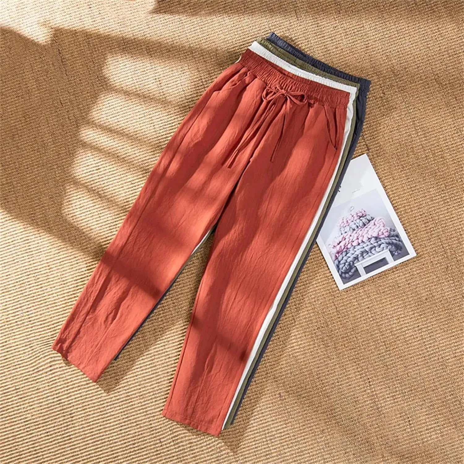 Dcvmvmn Women's Elastic Waist Harem Pants Casual Ankle Length Straight Pencil Trousers Thin Cotton Linen Sweatpants