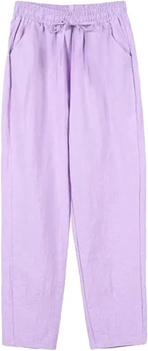 Dcvmvmn Women's Elastic Waist Harem Pants Casual Ankle Length Straight Pencil Trousers Thin Cotton Linen Sweatpants