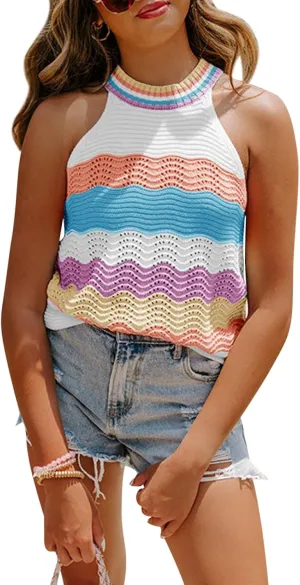 Dellytop Womens Halter Neck Sweater Vest Color Block Sleeveless Loose Knit Tank Top