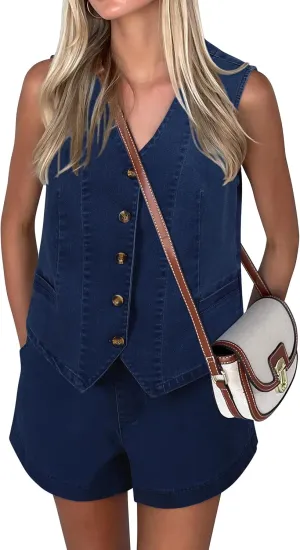 Denim 2 Piece Sets for Women Denim Outfit Matching Sets Jeans Shorts Sets Sleeveless Vest Two Piece Outfits 2025
