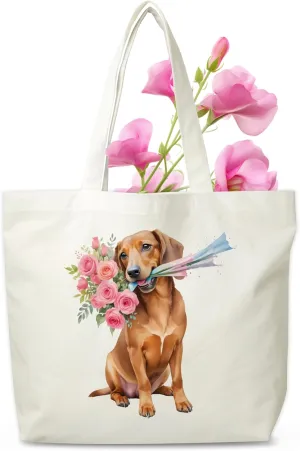 Dog Flowers Canvas Tote Bag, Dachshund Aesthetic Grocery Bag, Floral Puppy Beach Bag Gifts For Women Dog Mom Dog Owner Dog Lovers Friends Family, Funny Doggie Reusable Shopping Bag, 02