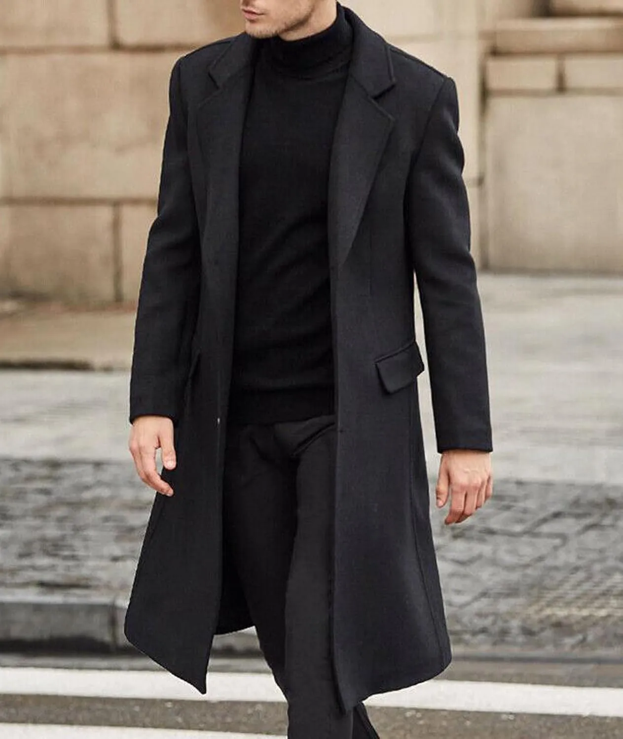 ECDAHICC Men's Slim Fit Single Breasted Trench Coat Winter Pea Coat Notch Lapel Long Casual Overcoat wih Pockets