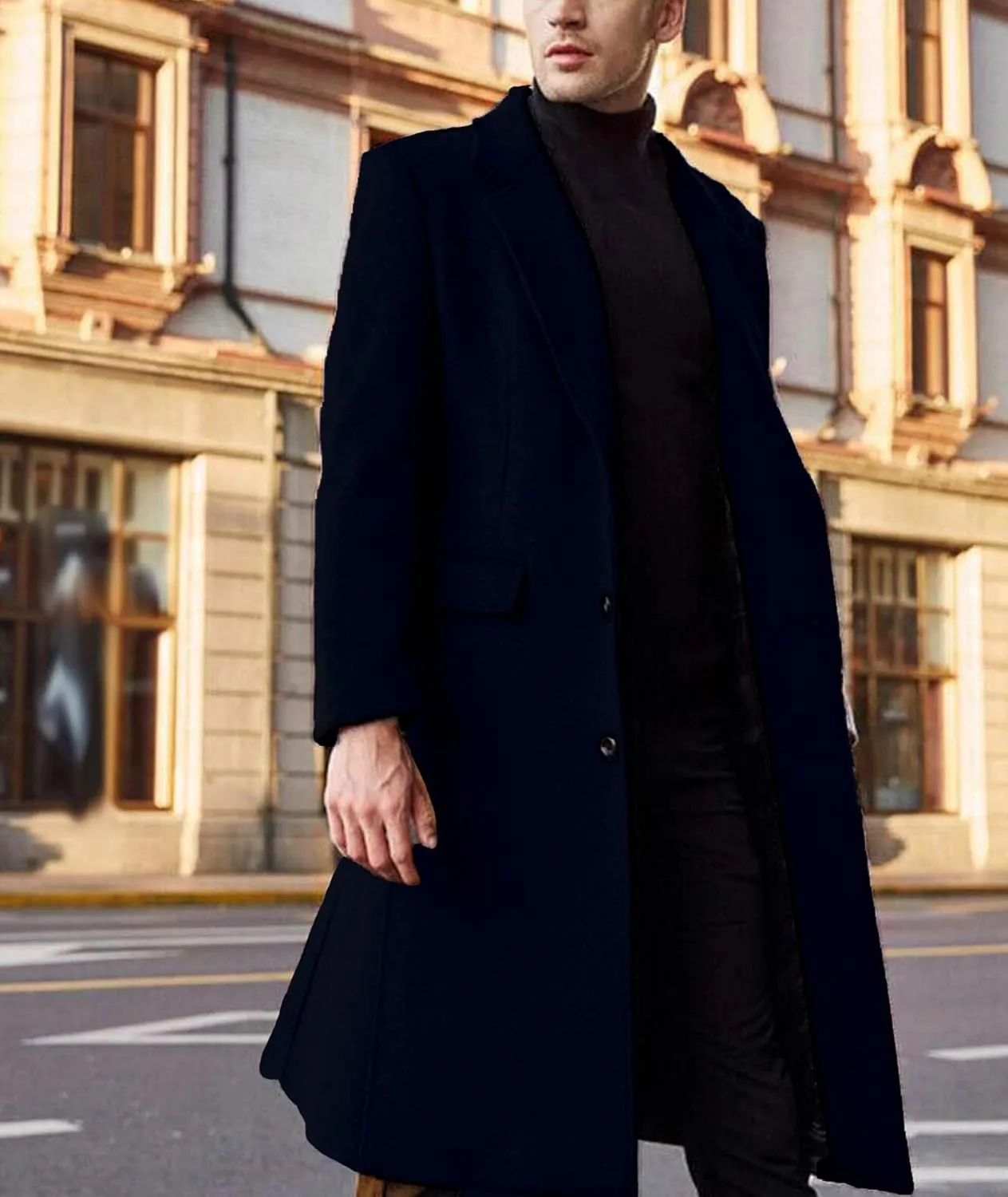 ECDAHICC Men's Slim Fit Single Breasted Trench Coat Winter Pea Coat Notch Lapel Long Casual Overcoat wih Pockets