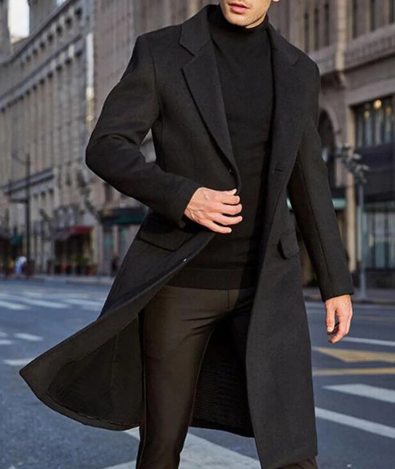 ECDAHICC Men's Slim Fit Single Breasted Trench Coat Winter Pea Coat Notch Lapel Long Casual Overcoat wih Pockets
