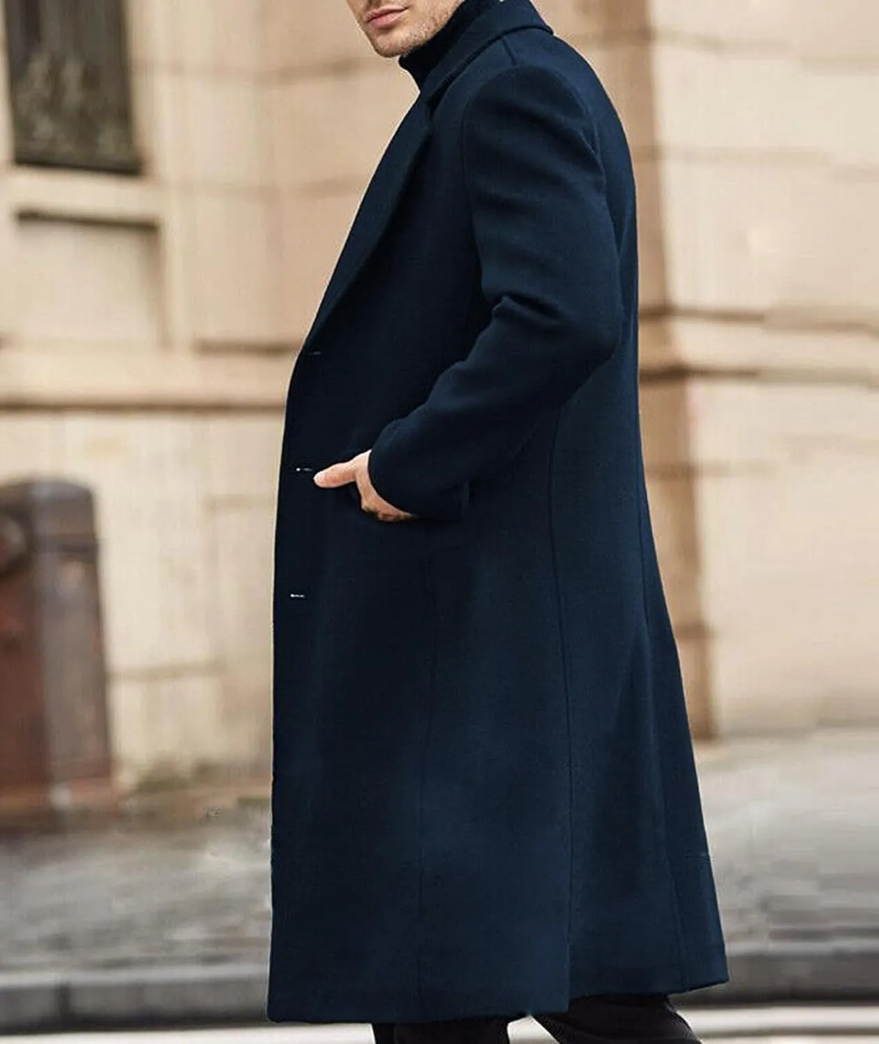 ECDAHICC Men's Slim Fit Single Breasted Trench Coat Winter Pea Coat Notch Lapel Long Casual Overcoat wih Pockets