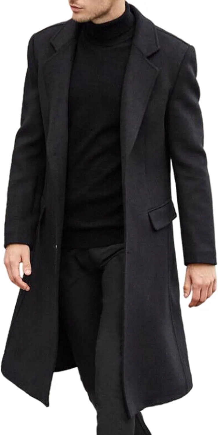 ECDAHICC Men's Slim Fit Single Breasted Trench Coat Winter Pea Coat Notch Lapel Long Casual Overcoat wih Pockets
