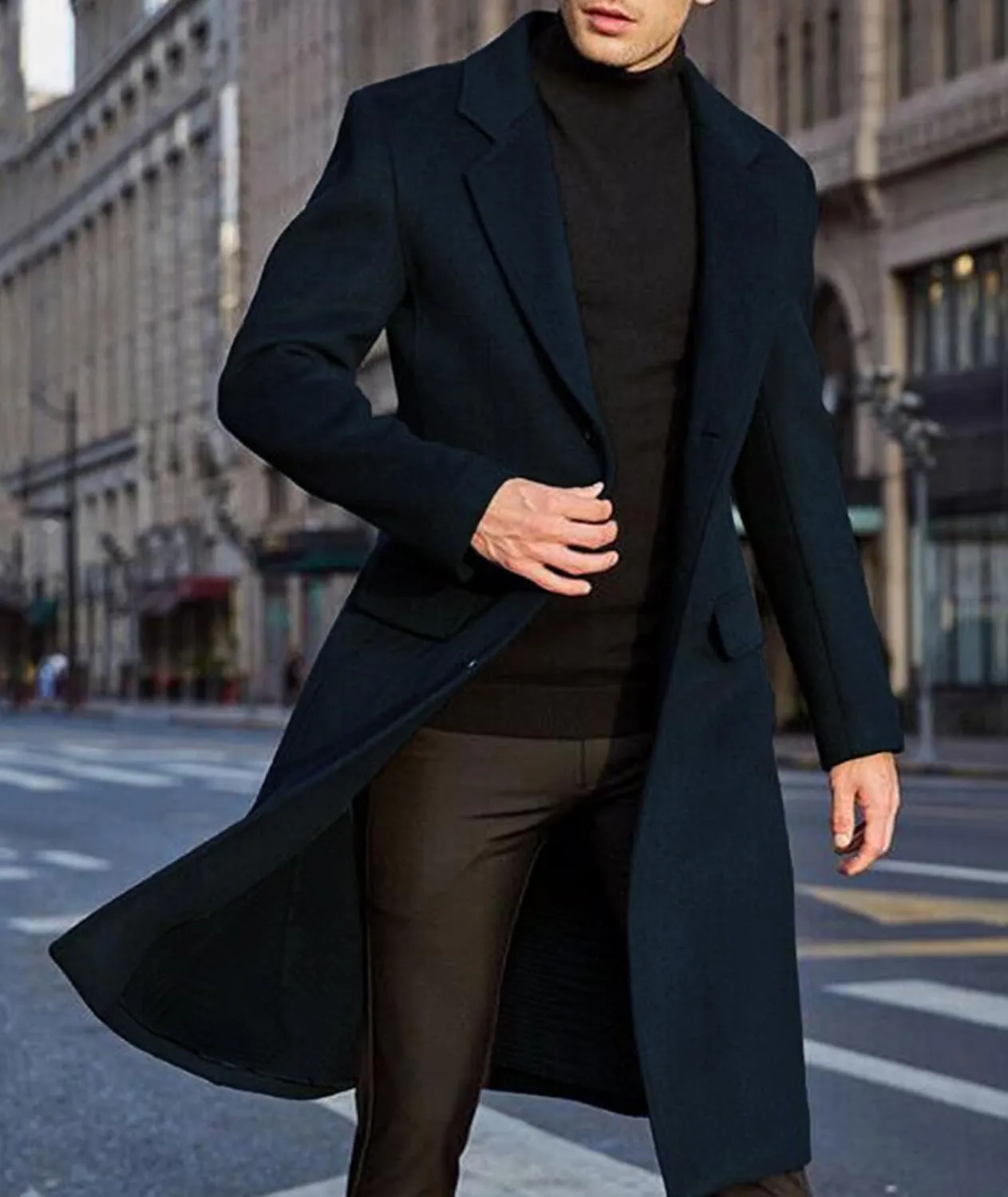 ECDAHICC Men's Slim Fit Single Breasted Trench Coat Winter Pea Coat Notch Lapel Long Casual Overcoat wih Pockets