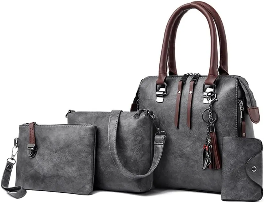 Elegant 4 In 1 Vintage PU Leather Satchel Top Handle Bag Handbag Set with Tassels Pendant and Shoulder Strap for Women