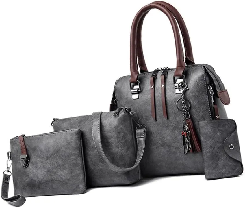 Elegant 4 In 1 Vintage PU Leather Satchel Top Handle Bag Handbag Set with Tassels Pendant and Shoulder Strap for Women