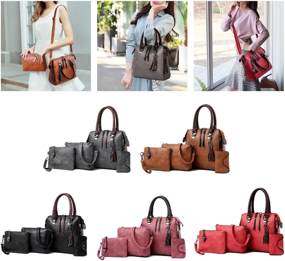 Elegant 4 In 1 Vintage PU Leather Satchel Top Handle Bag Handbag Set with Tassels Pendant and Shoulder Strap for Women