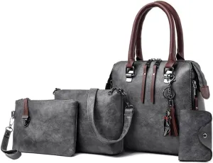Elegant 4 In 1 Vintage PU Leather Satchel Top Handle Bag Handbag Set with Tassels Pendant and Shoulder Strap for Women