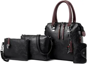 Elegant 4 In 1 Vintage PU Leather Satchel Top Handle Bag Handbag Set with Tassels Pendant and Shoulder Strap for Women