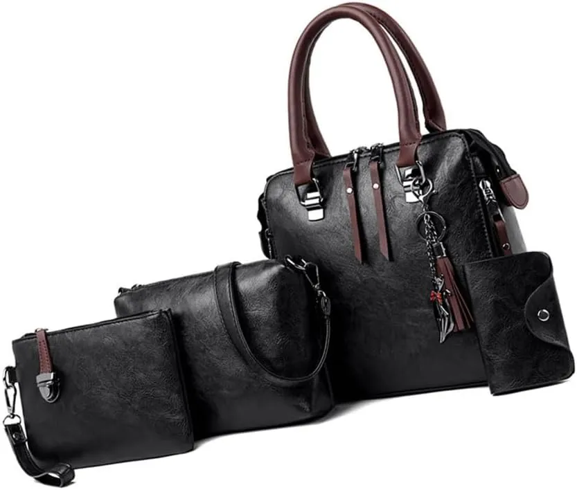 Elegant 4 In 1 Vintage PU Leather Satchel Top Handle Bag Handbag Set with Tassels Pendant and Shoulder Strap for Women
