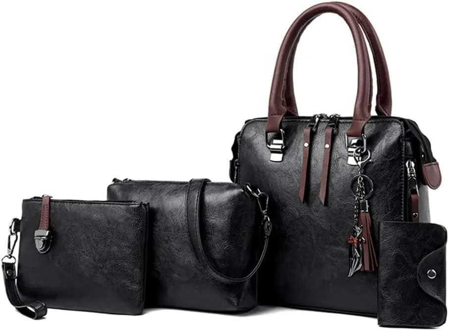 Elegant 4 In 1 Vintage PU Leather Satchel Top Handle Bag Handbag Set with Tassels Pendant and Shoulder Strap for Women