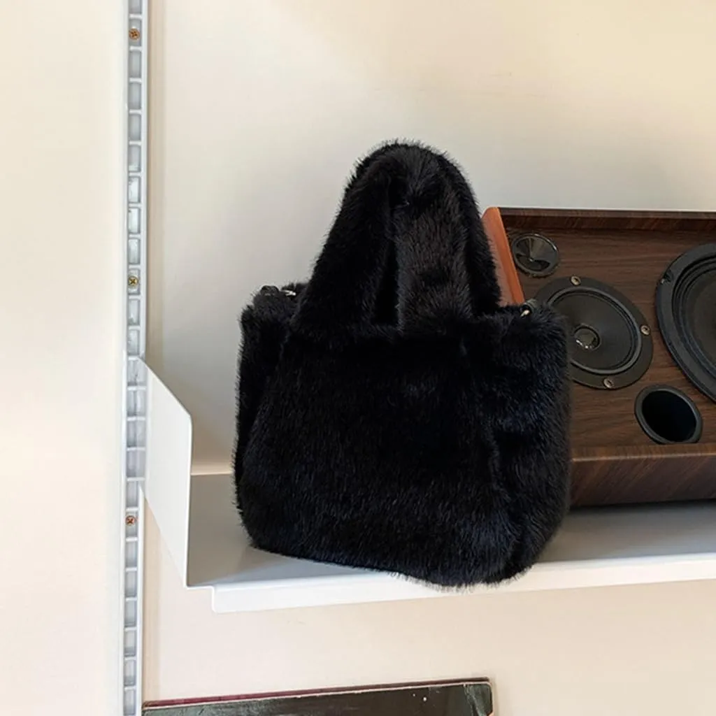Elegant Minimalists Faux Furs Fleece Shoulder Crossbody Bag with Adjustable Strap for Women Fuzzy Small Bucket Handbag