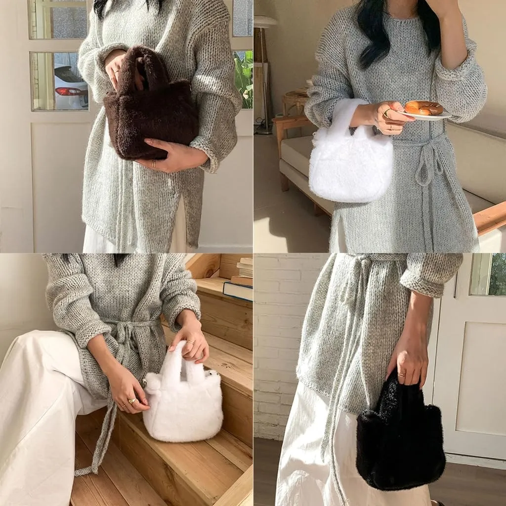 Elegant Minimalists Faux Furs Fleece Shoulder Crossbody Bag with Adjustable Strap for Women Fuzzy Small Bucket Handbag