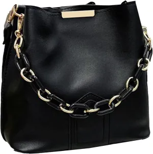 Elegant Solid Color PU Leather Bucket Bag with Chain Handle for Women Adjustable Strap Simple Crossbody Shoulder Handbag