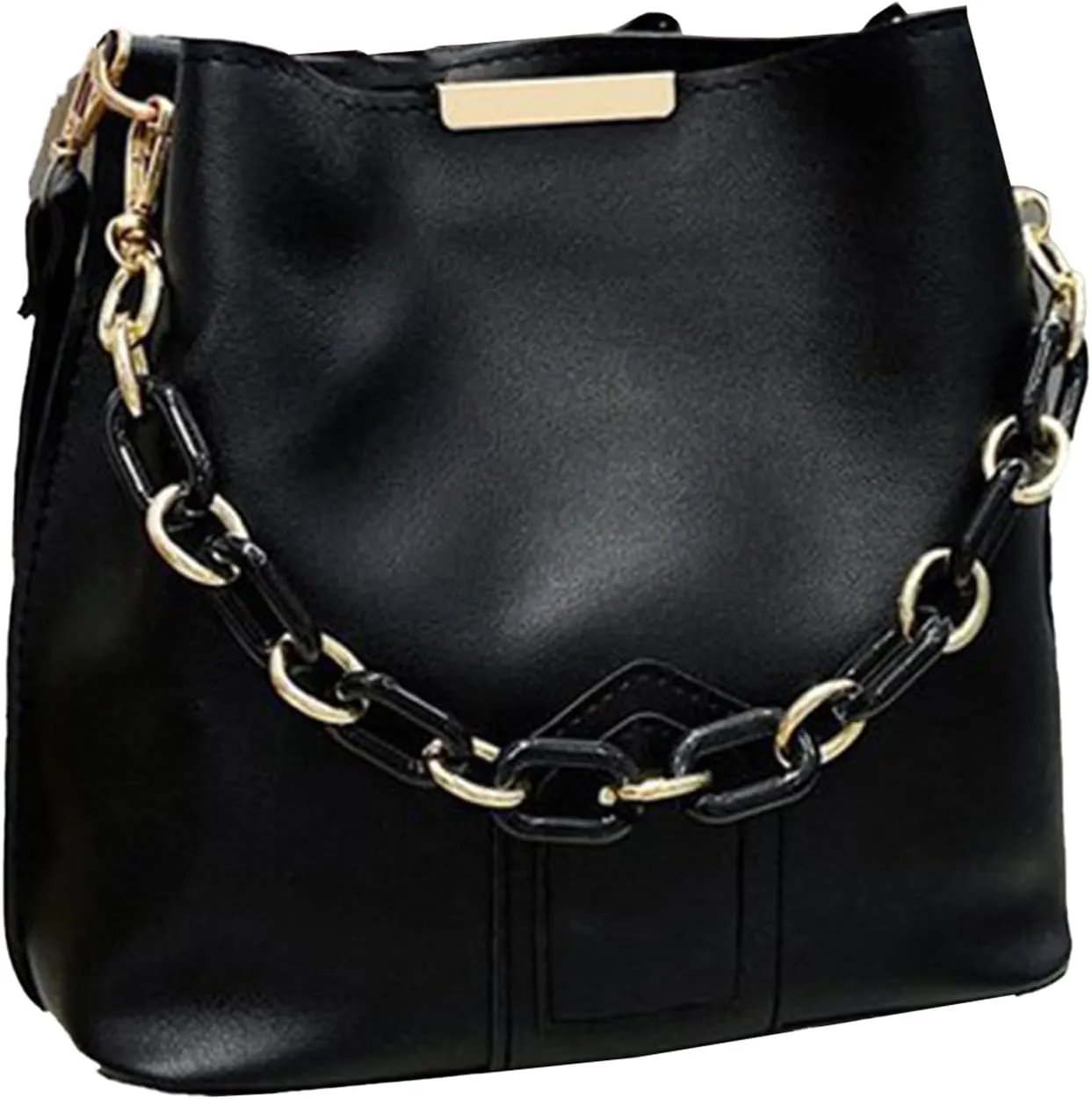 Elegant Solid Color PU Leather Bucket Bag with Chain Handle for Women Adjustable Strap Simple Crossbody Shoulder Handbag