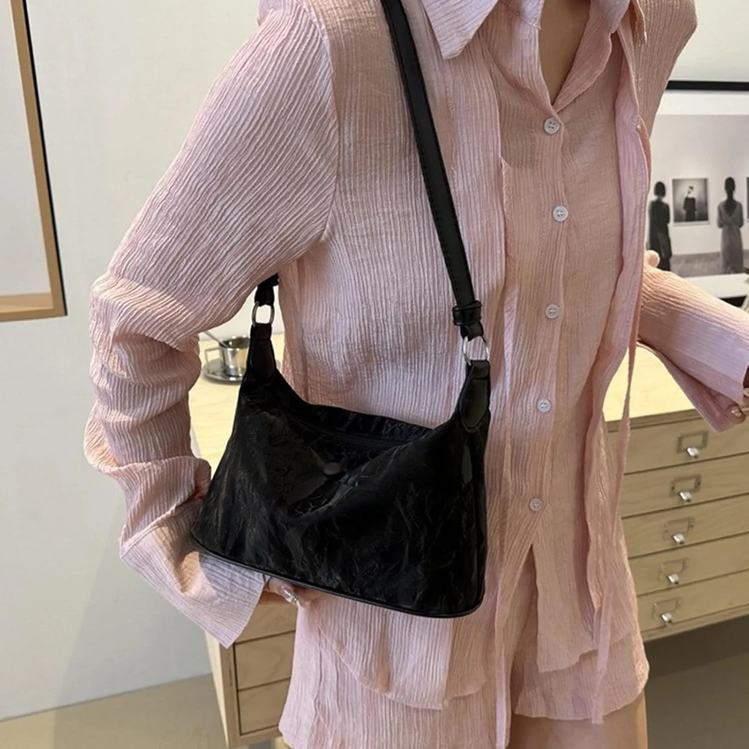 Elegant Solid Color PU Leather Bucket Bag with Zippered for Women Casual Shopping Simple Crossbody Shoulder Bag Purse