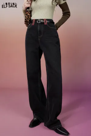 ELFSACK Straight Baggy Jeans Women 2023 Winter High Waist Plus Size Korean Fashion Trousers