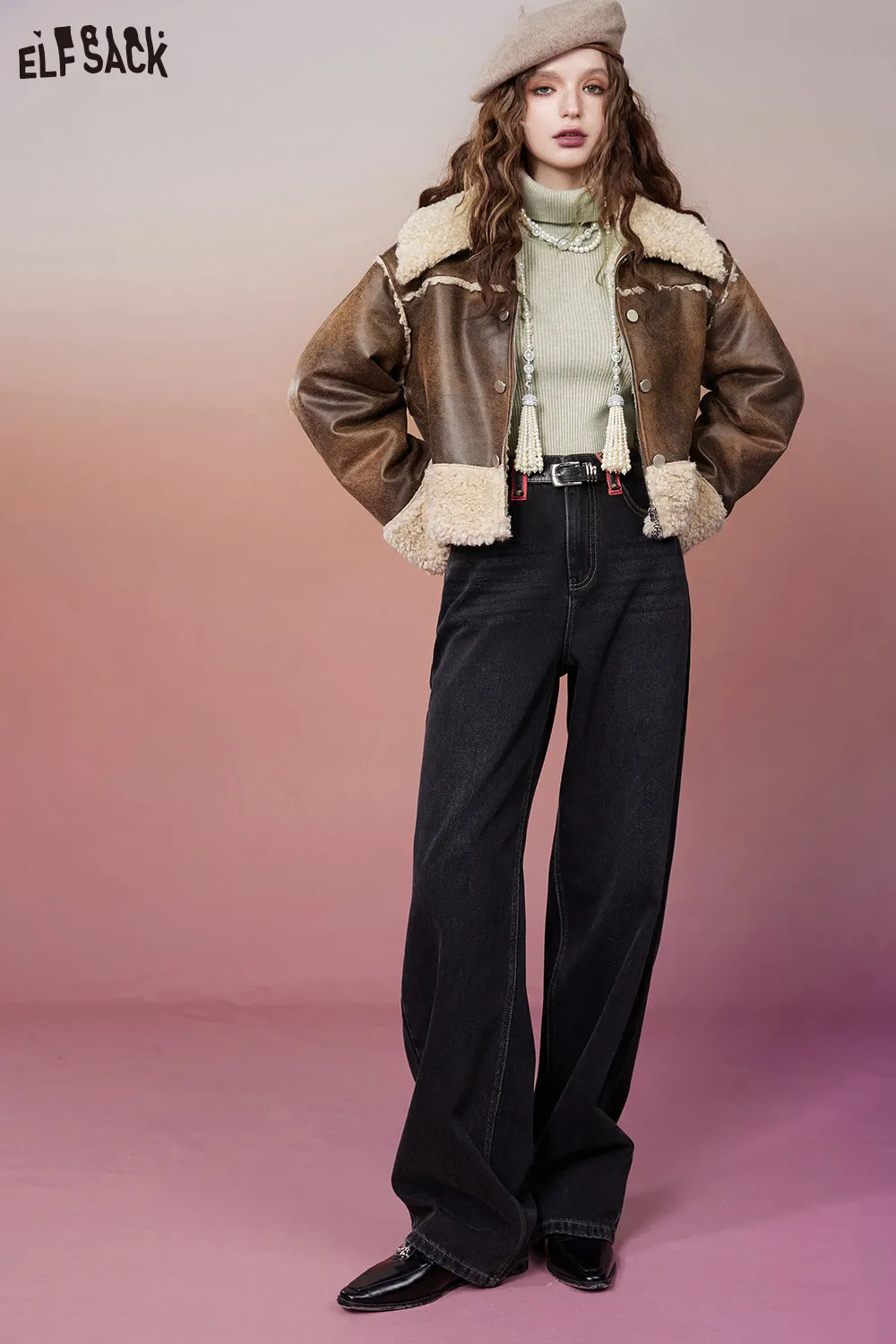 ELFSACK Straight Baggy Jeans Women 2023 Winter High Waist Plus Size Korean Fashion Trousers